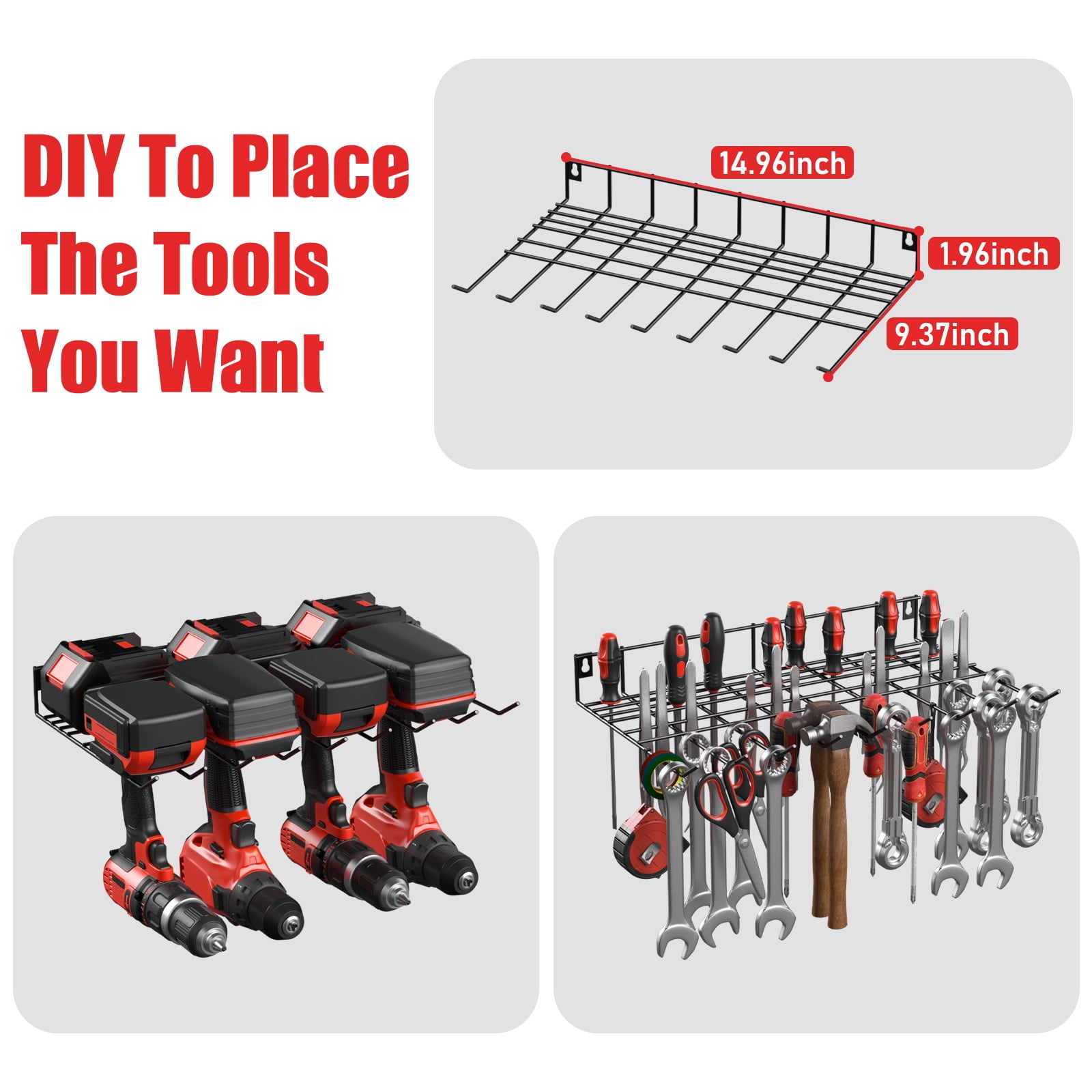 VILONG Power Tool Organizer Wall Mount with Charging Station, 100lb Capacity, 4 Drill Holders & Battery Rack for Garage & Workshop, Fathers Day Gifts for Men(Black)