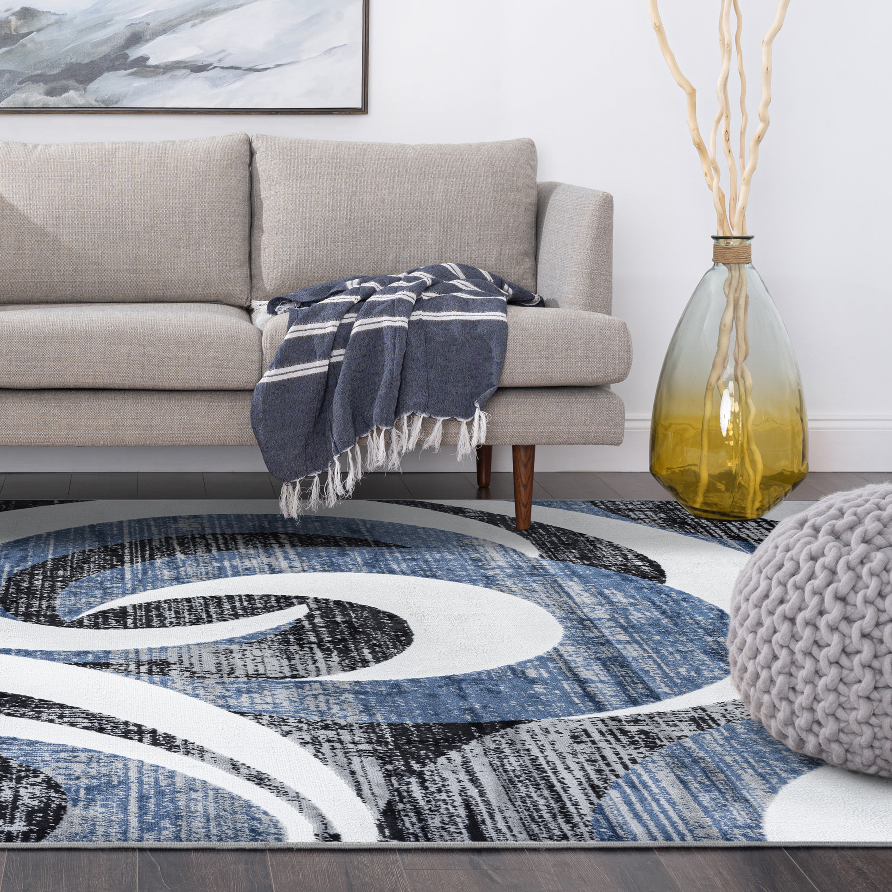 Contemporary 5x8 Area Rug (5'3'' x 7'3'') Abstract Blue, Charcoal Living Room Easy to Clean