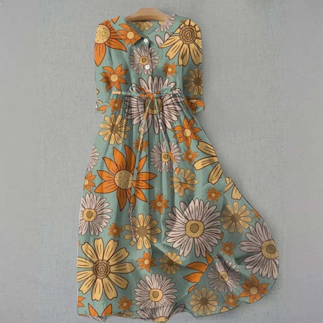 Puntoco Vestido Camisero De Manga Tres Cuartos Plisado De Algodón Y Lino Suelto De Color Casual Para Mujer Amarillo M,Regalos Para Mujer Joven