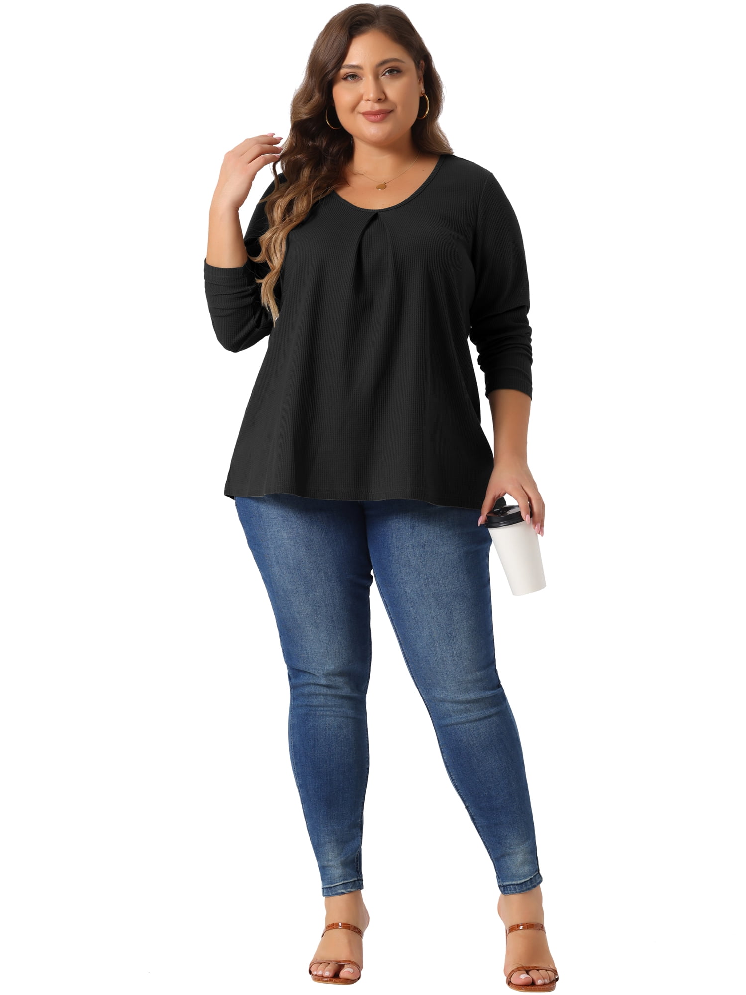 DARING DIVA Women's Plus Crew Neck Pleat Front Long Sleeve Top 3X Black