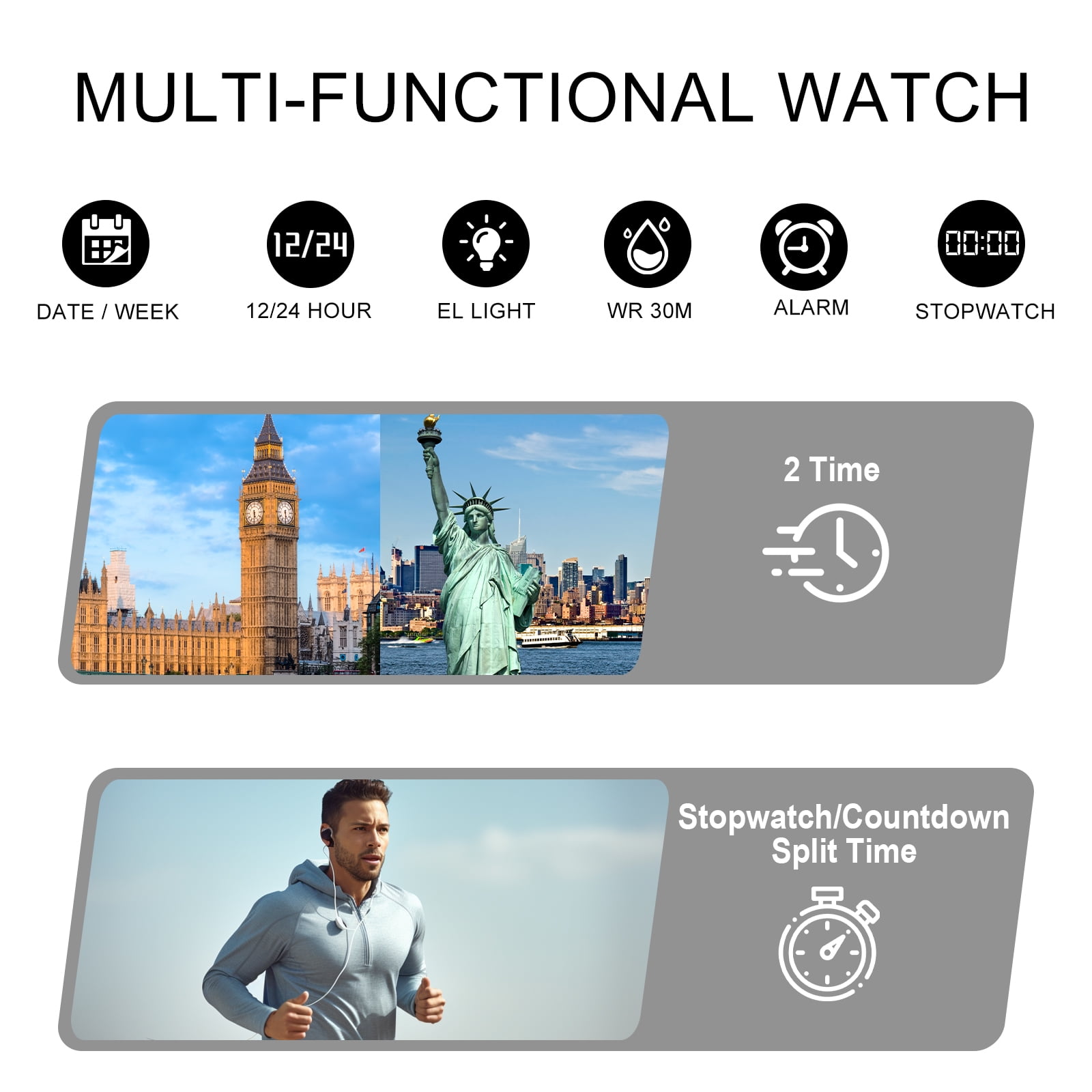 SKMEI Men's Digital Stainless Steel Watch Large Face LED Casual Sport Watches Waterproof Dual Time Date Wristwatch