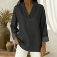 thumbnail image 1 of TaTaai 2026 Fall Women’s V Neck Faux Denim Tee Long Sleeve Loose Blouse Casual Solid Color Fashion Top Stretchy Polyester Daily Shirt Gift, 1 of 6