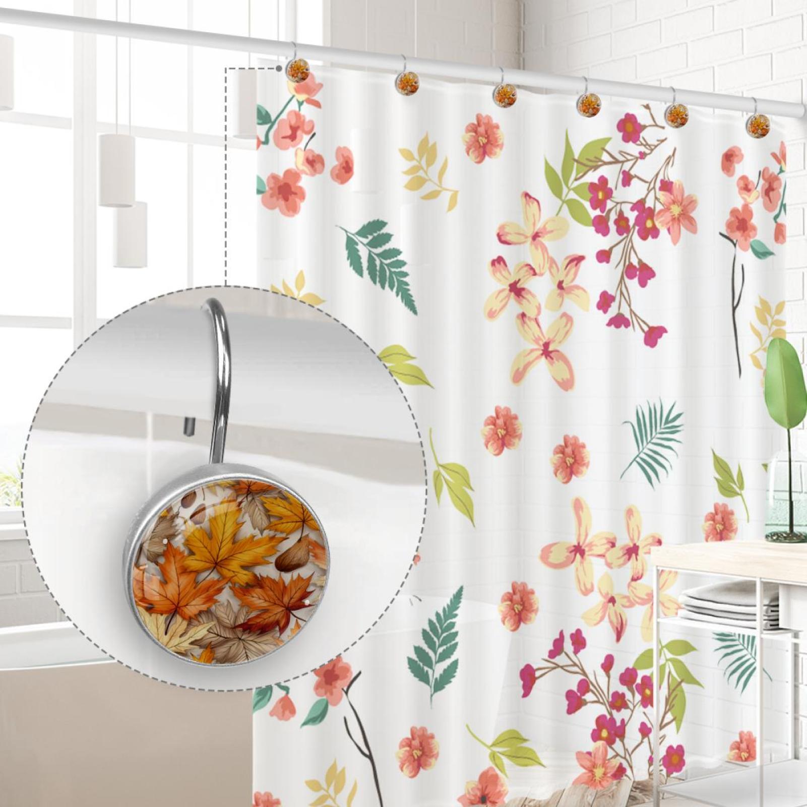 Thanksgiving Leaves Shower Curtain Hooks （Set of 12） for Home Hotel Shower Rods Bathroom Crystal Glass Print Stainless Steel Round Curtain Hooks