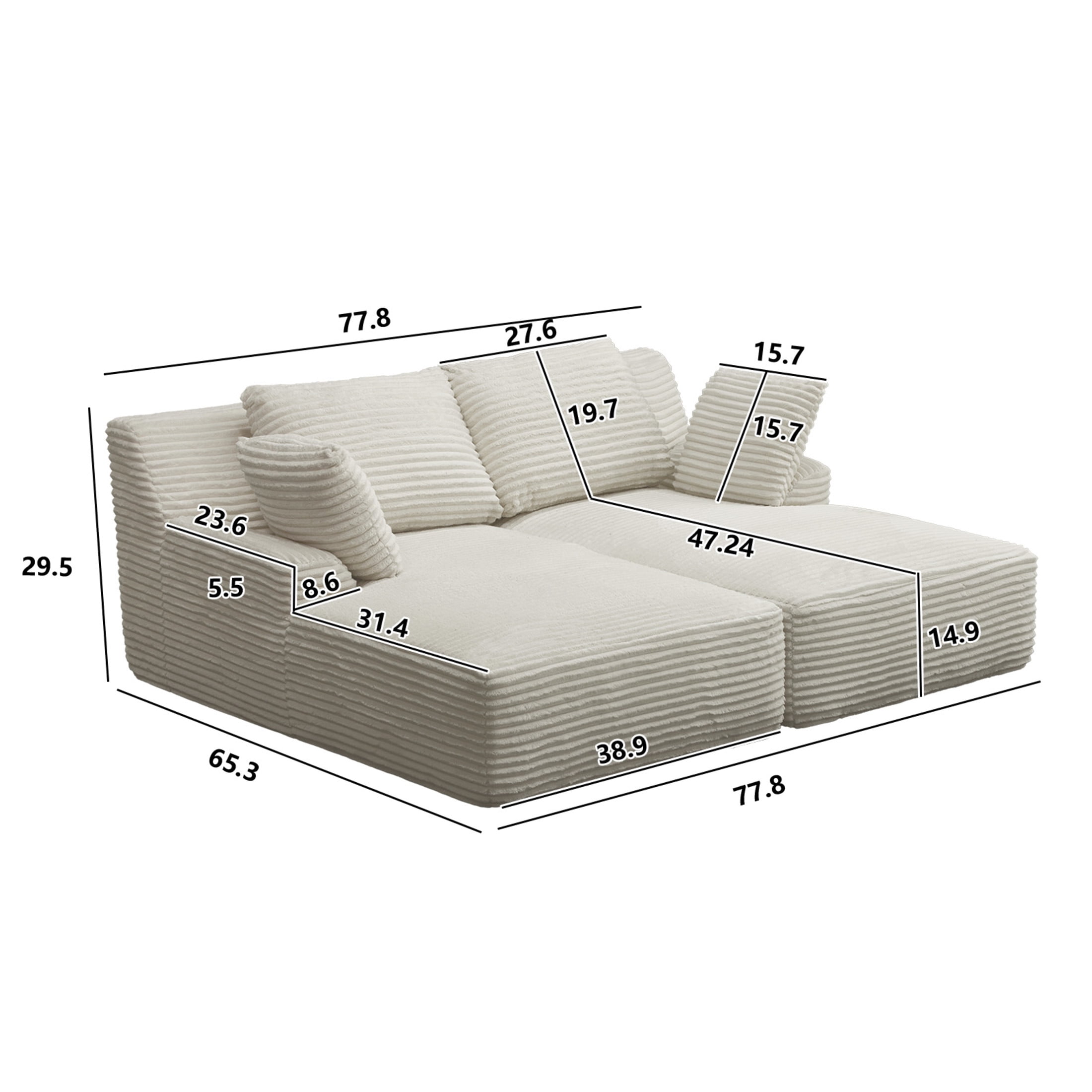 Noble House Elley 77.8" Oversized Double Chaise Lounge, Cloud Plush Corduroy Sleeper Chair with Pocket Springs, Beige