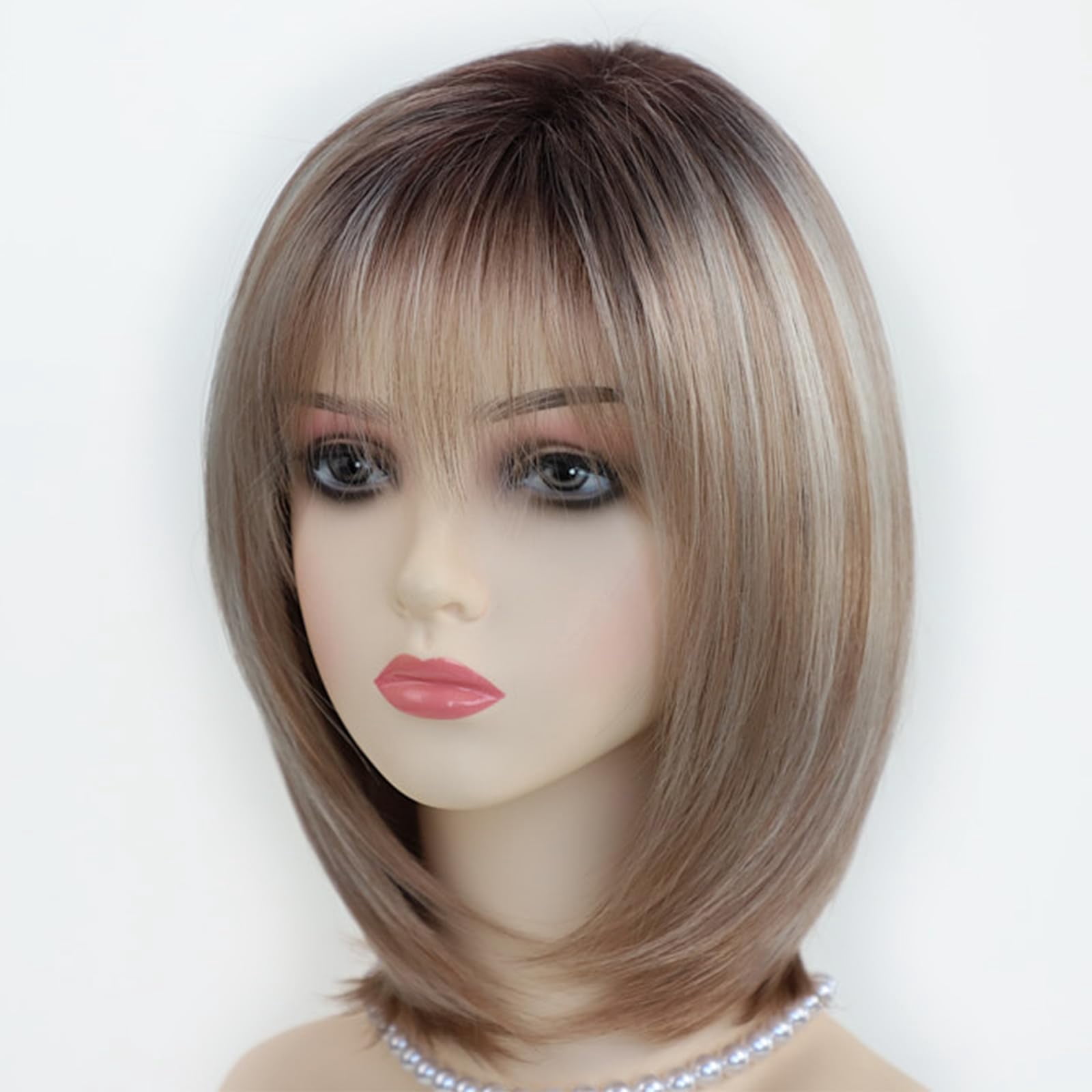 Layered Blonde Balayage Bob Wig for Women Medium Length Straight Synthetic Hair with Bangs Ombre Platinum Brown