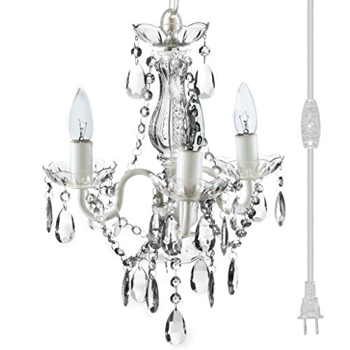 White Metal Frame With Clear Glass Stem, Swag Chandelier With Plug