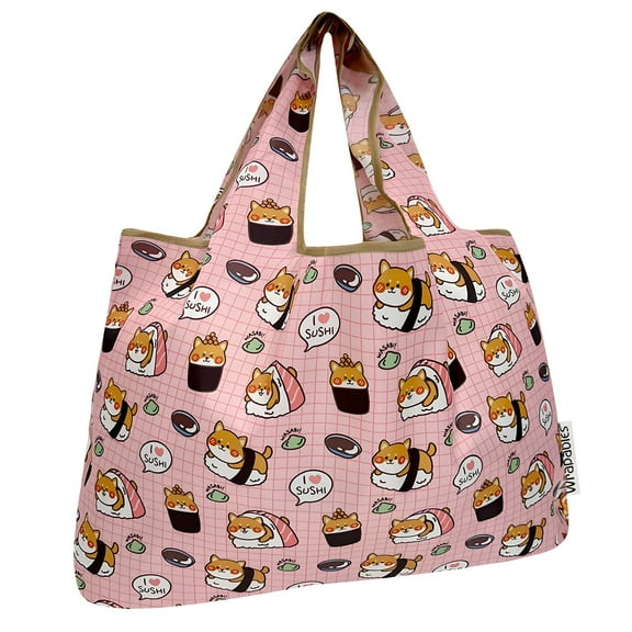Wrapables Large Foldable Tote Nylon Reusable Grocery Bags, Doggy Sushi