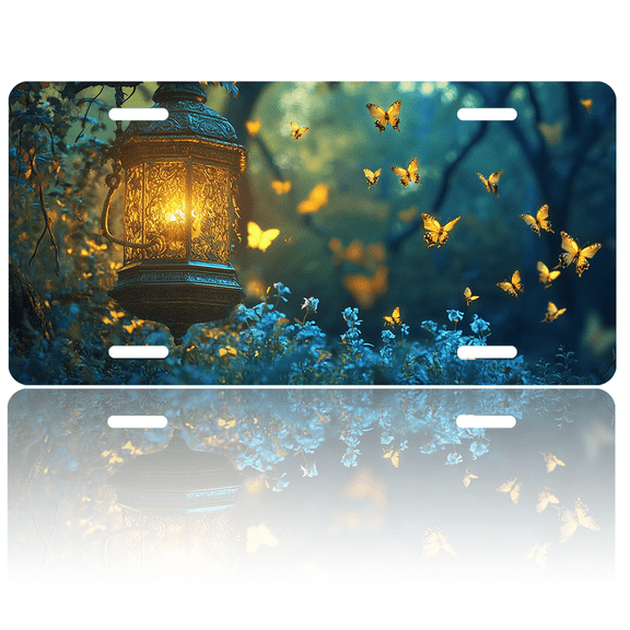 1 Pcs 2D Flat License Plate Covers & Frames, Lantern and Butterflies For Decorative Front, Waterproof For Decoration Aluminum License Plate Covers & Frames Cover For Men Women, 12" X 6"