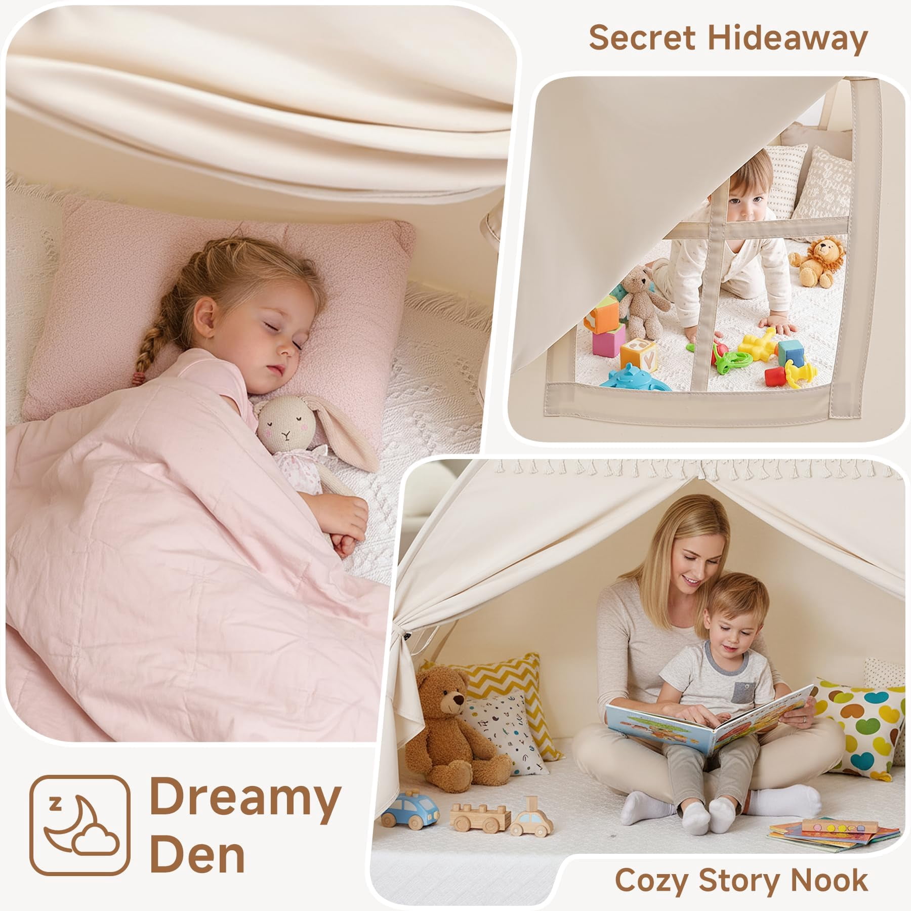 Bed Tent Canopy: Lights & Flags Indoor Play -bed Teepee Tents - Girls&boys Playhouse Space Sleeping Gifts (twin Golden Beige)