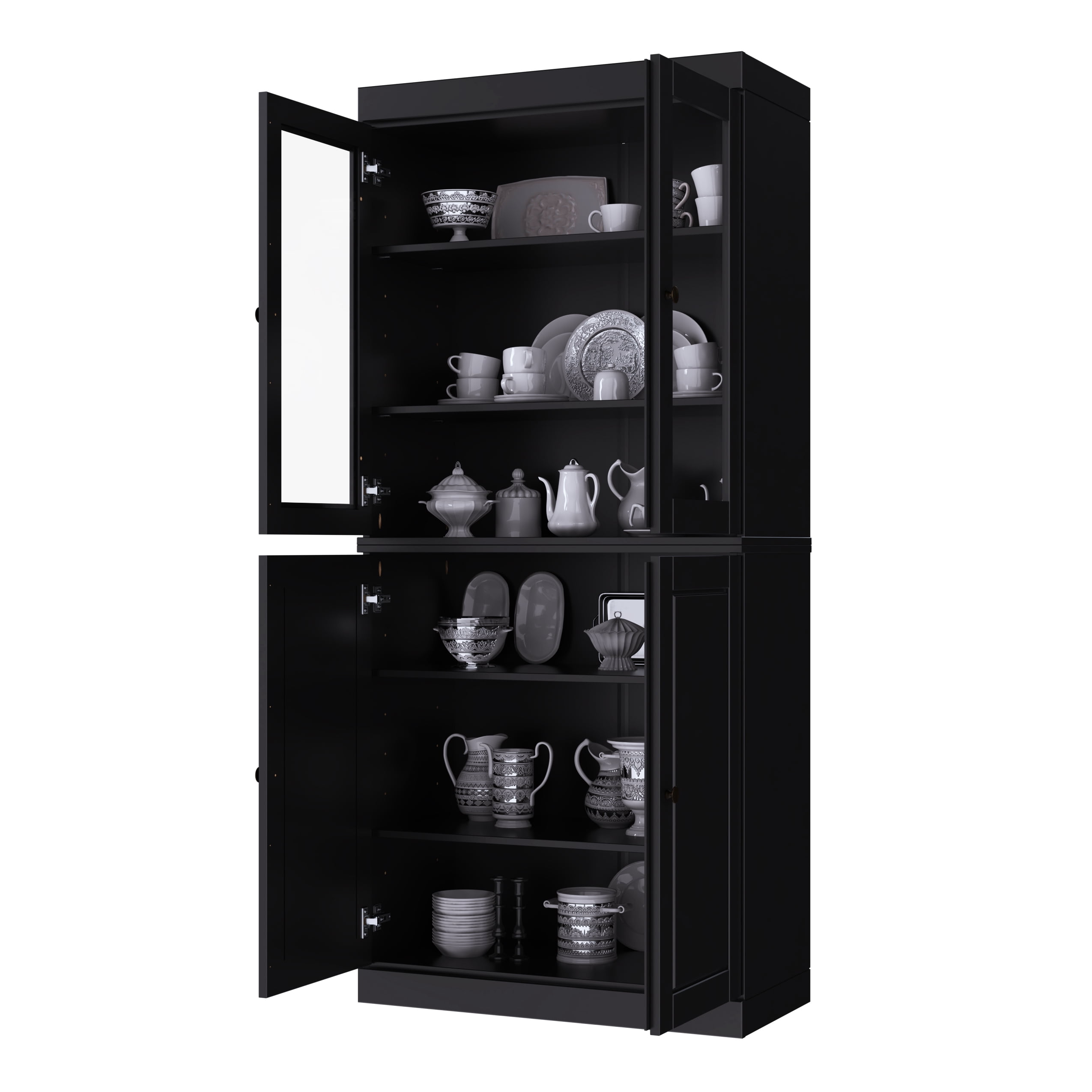Palace Imports 100% Solid Wood Kitchen Pantry Storage Cabinet with Glass & Raised Panel Doors and Adjustable Shelves, 4-Door, Black