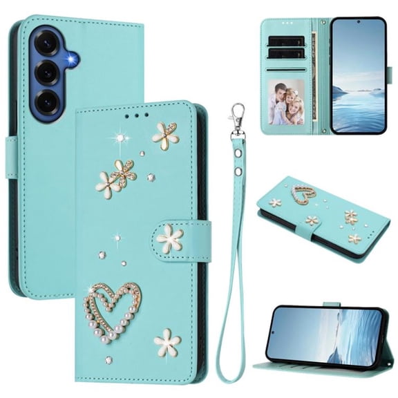Leather For Samsung Galaxy S26  5G Case Double Layered Heart-shaped Flower Flip Wallet Leather Case, Card Holder Magnetic Closure  Phone Cases Cover With Hand Strap,Green,For Galaxy S26  (5G)