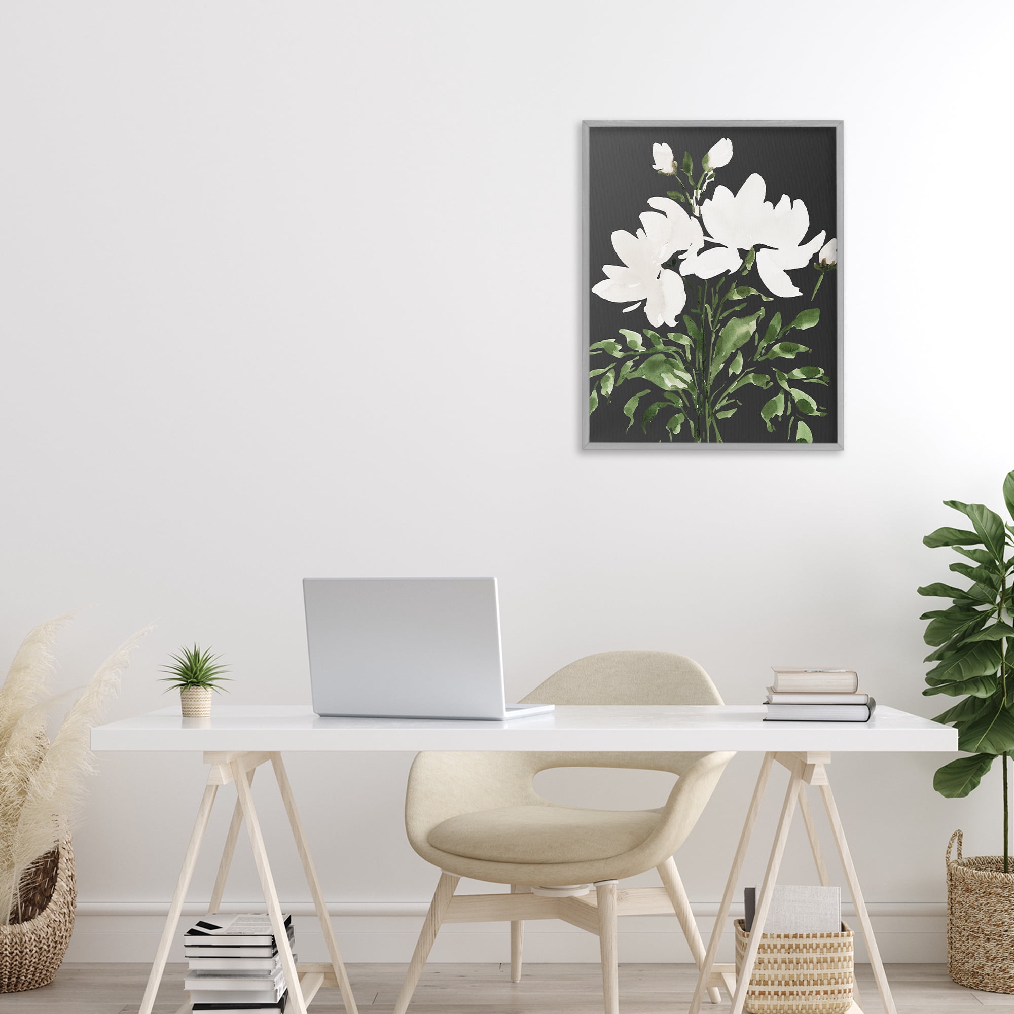 Stupell Industries White On Black Floral Gray Framed Giclee Art, design by Lucille Price