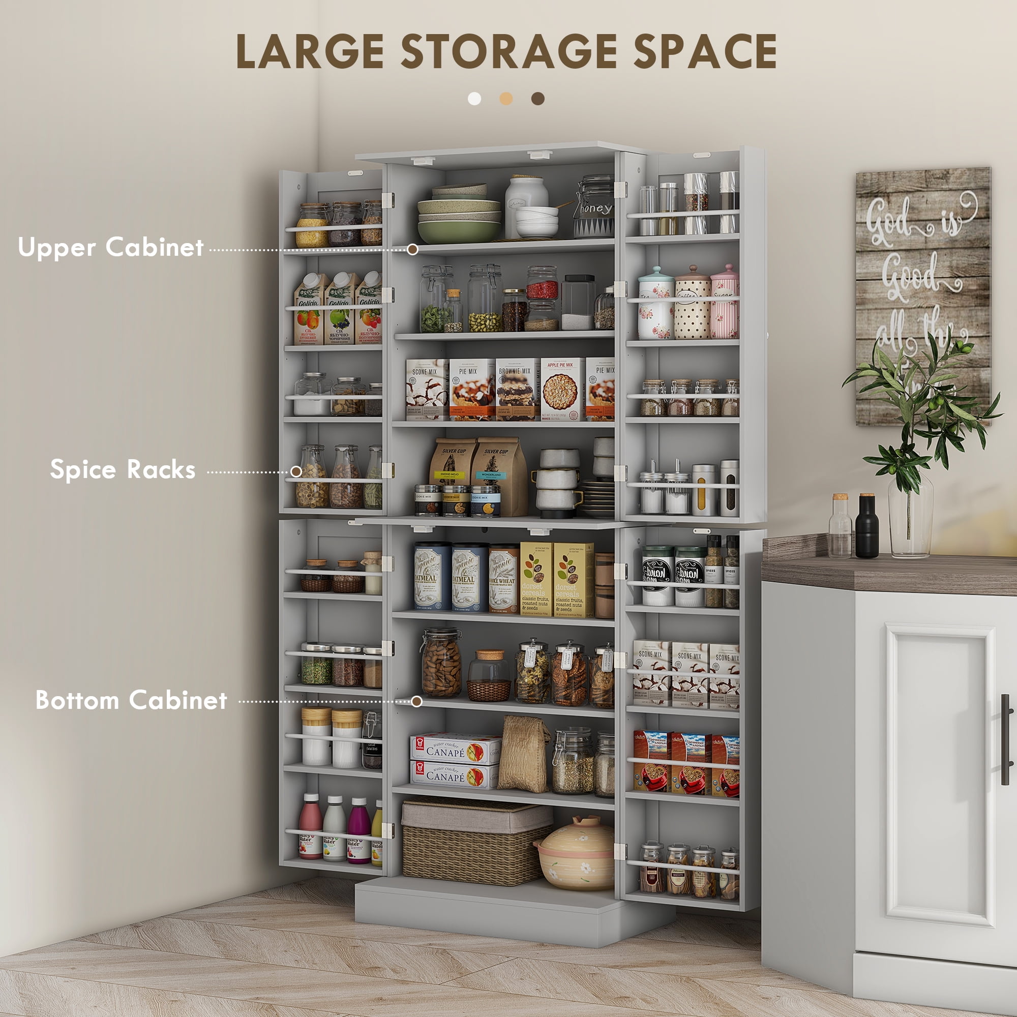 HOMCOM 65" Kitchen Pantry Cabinet with Adjustable Shelves Spick Racks Gray