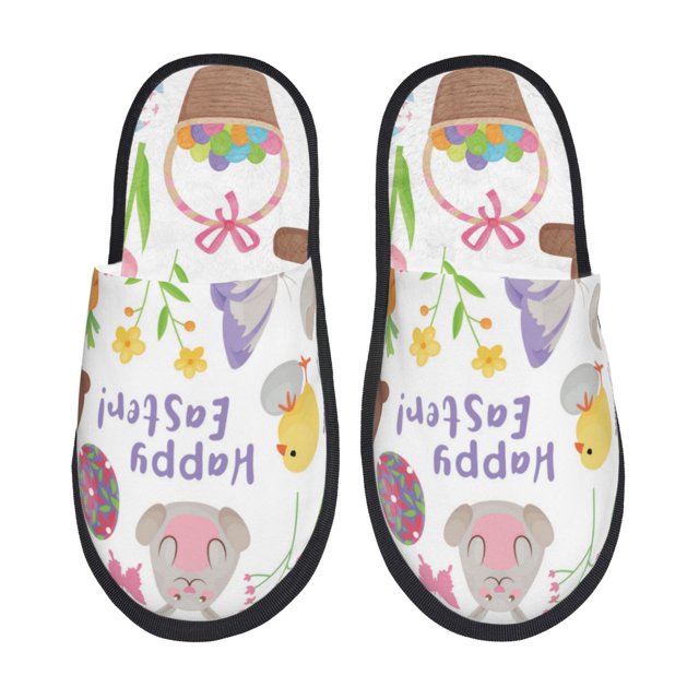 Fotbe Happy Easter1 Pantuflas Peludas para Mujer con Estampado, Zapatillas de Peluche, Zapatos de Invierno para Casa, Uso Interior y Exterior-Large