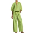 thumbnail image 2 of Trendy Green Linen 2 Piece Outfit Womens Half Sleeve Zip up Blouse Top and Drawstring Wide Leg Pants for Summer Daily Vacation Green XL, 2 of 9
