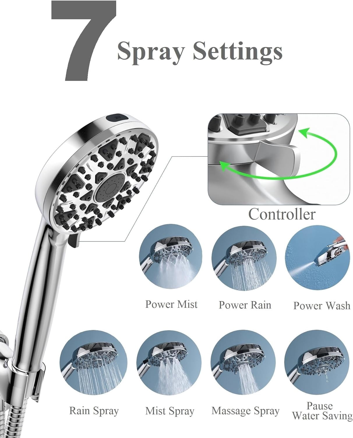 Bailu Handheld High-Pressure Multi-Function 7-Mode Shower Head with Built-in Powerful Washing for Tub, Tile and Pets, 5 Inch High Flow Handheld Rain Shower Head.