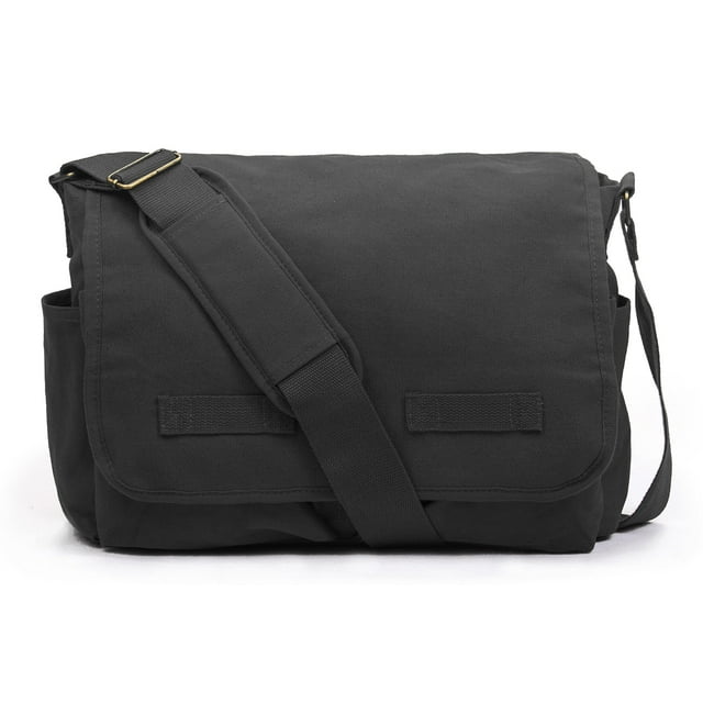 Sweetbriar Classic Messenger Bag - Vintage Canvas Shoulder in black, size large. Made of durable 100% cotton canvas with metal accents, featuring a spacious main compartment, front and side pockets, and a Velcro-secured front flap. Includes a padded, adjustable shoulder strap and a top-rear handle for easy carrying. Ideal for laptops up to 15.6 inches, school, travel, and everyday use.