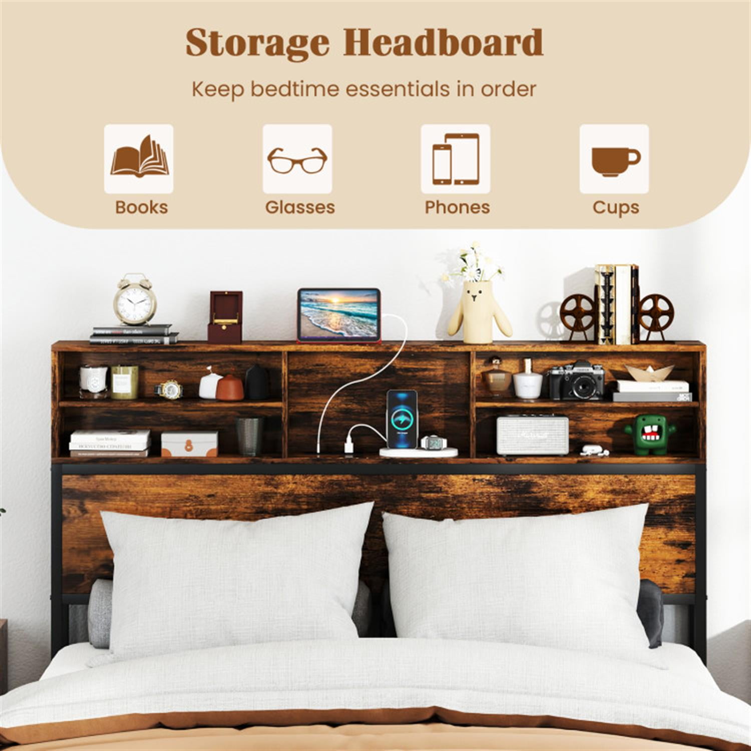 Demi Bonn Queen Size Bed Frame with Wooden Headboard and Footboard, Industrial Metal Platform Bed Frame with Under Bed Storage, No Box Spring Needed, Brown