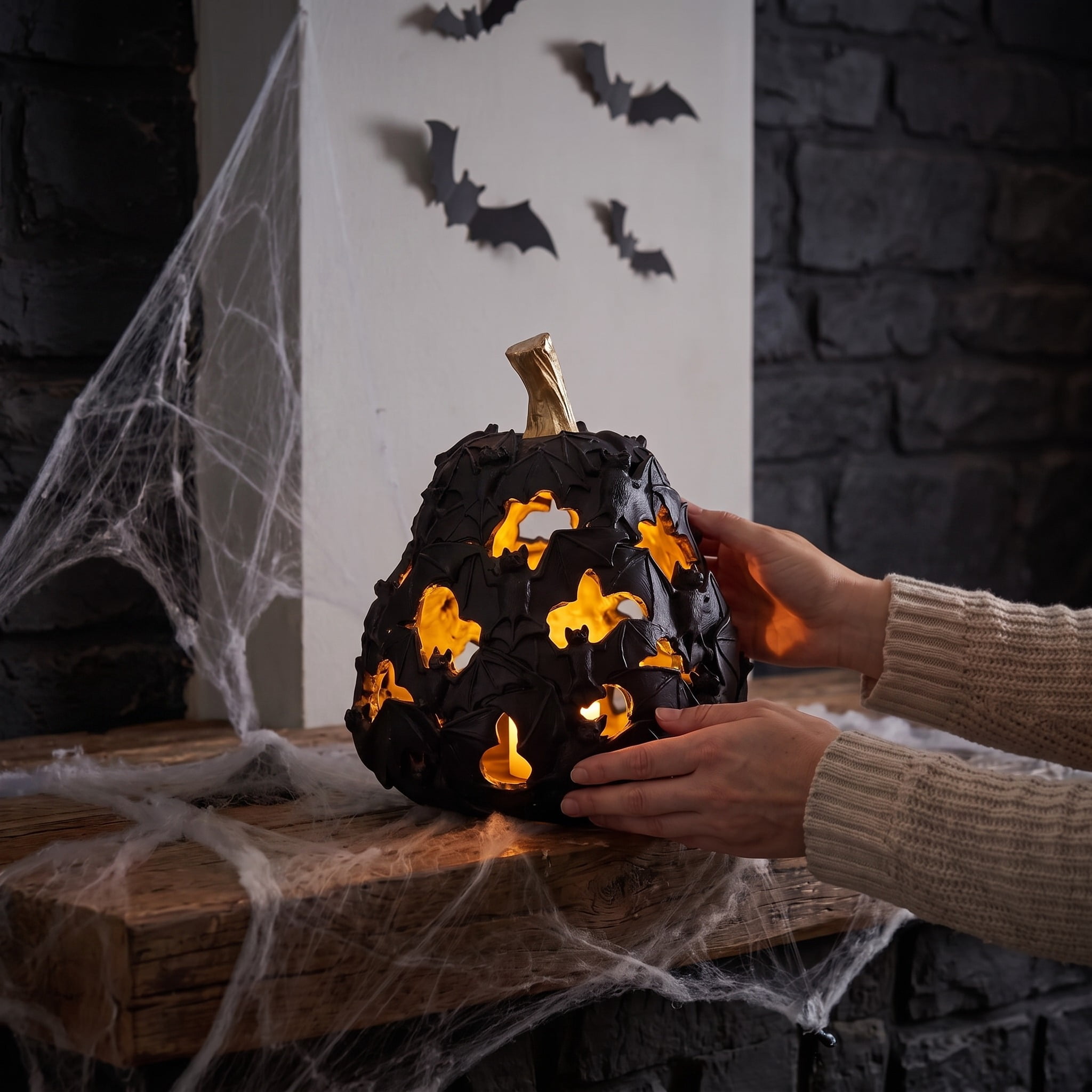 Light-Up Resin Bat Pumpkin Decoration, Black, 7.7", Halloween by Way To Celebrate