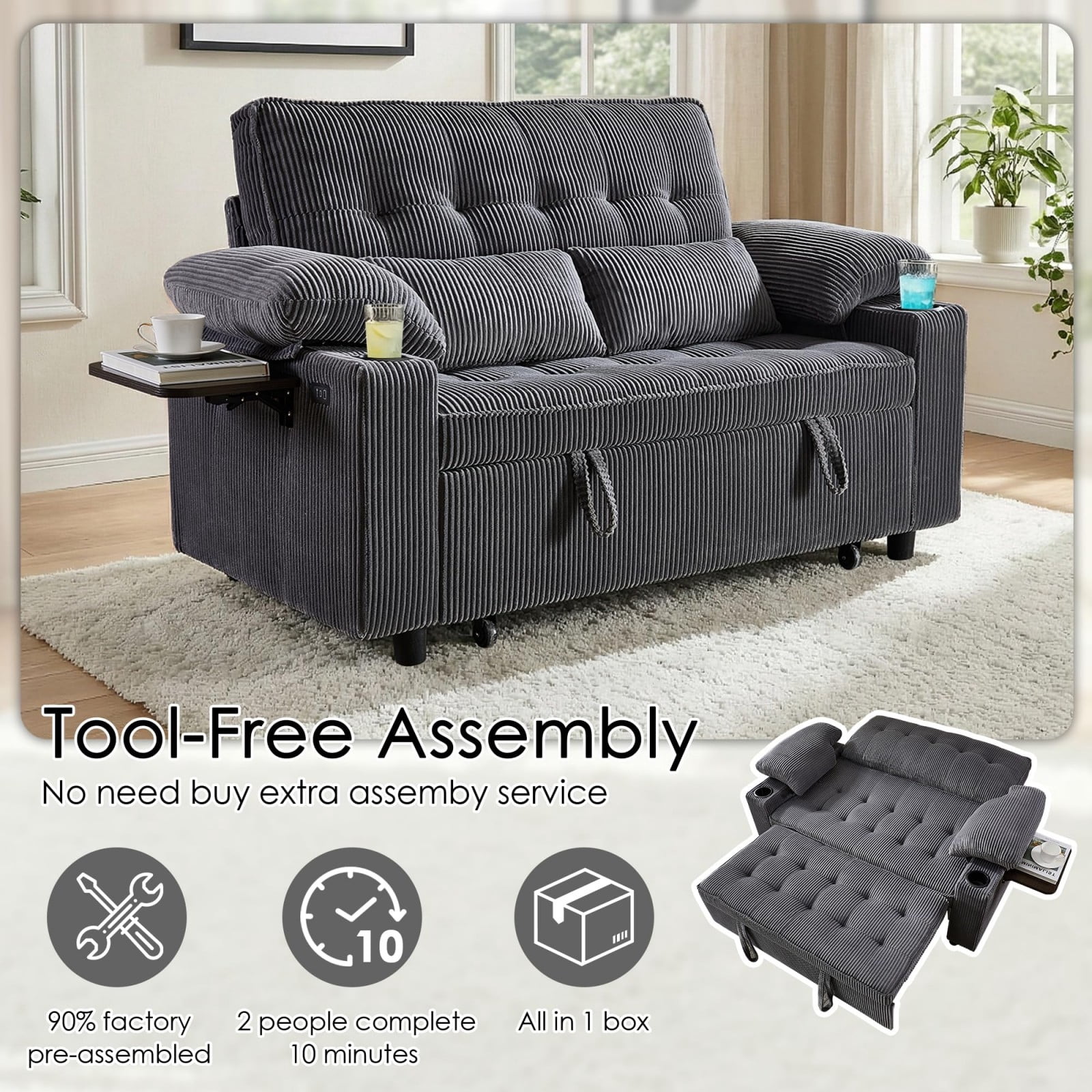 58" Sleeper Sofa Bed, Convertible Pull Out Couch Full Size Loveseat with Corduroy Fabric, USB Charging, Adjustable Backrest for Living Room Apartment Office, Dark Gray