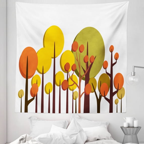 Yellow Orange Tapestry, Simple Modern Design Nature Themed Woodland Autumn Tree Forest, Fabric Wall Hanging Decor for Bedroom Living Room Dorm, 5 Sizes, Maroon Green and White, by Ambesonne