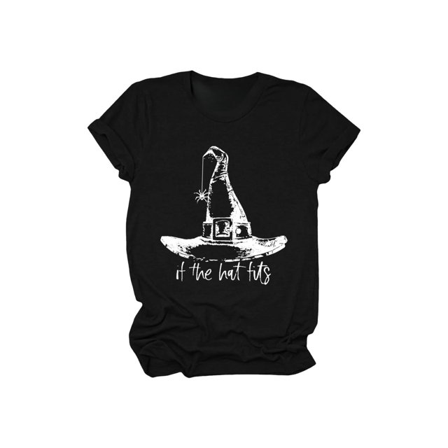 Halloween Shirts for Women, Tshirts Womens Fall Fashion Tops, if The Hat Fits Witch Hats Women'S Crew Neck T Shirt