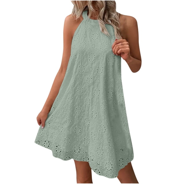 EQWLJWE Robes d'Été pour Femmes 2023 Mode Femmes Été Broderie Sans Manches Dos à Trou de Serrure Robe Col Licou Jupe Longue Unie Robes Maxi pour Femmes 2023