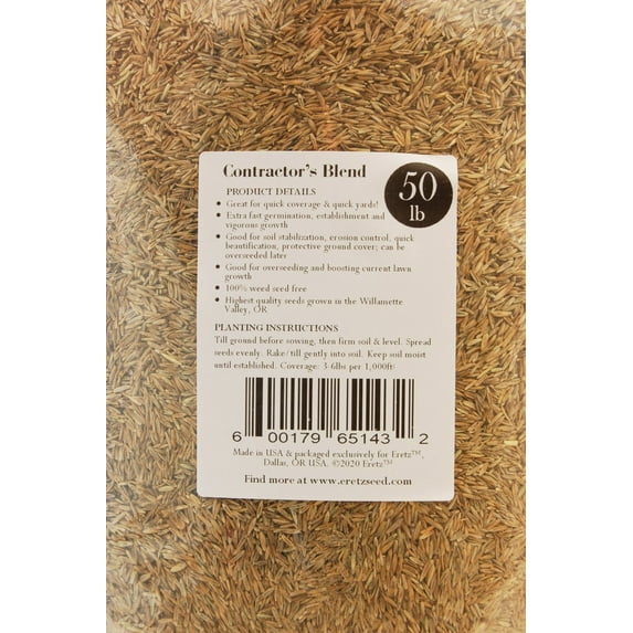 Contractors Grass Seed Blend by Eretz 50lb - CHOOSE SIZE! Willamette Valley, Oregon Grown. Premium, Number 1 Seeds Only! No Weed Seeds or Fillers.