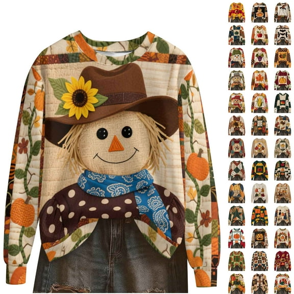 yoeyez Thanksgiving Sweatshirts for Women Long Sleeve Fleece Shirts Funny Pumpkin Sweatshirt Casual Round Neck Novelty Fall Tops Multicolor,S
