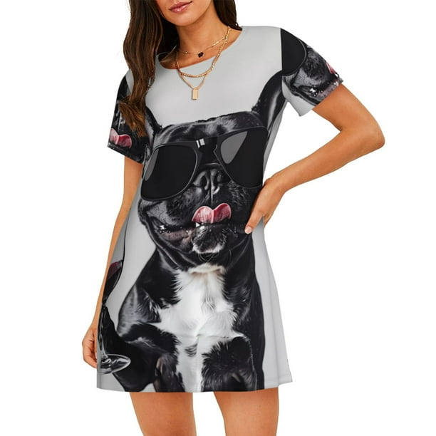 Balery Cool French Bulldog Wine Camisón de manga corta con cuello redondo para mujer, cómodo y elegante.
