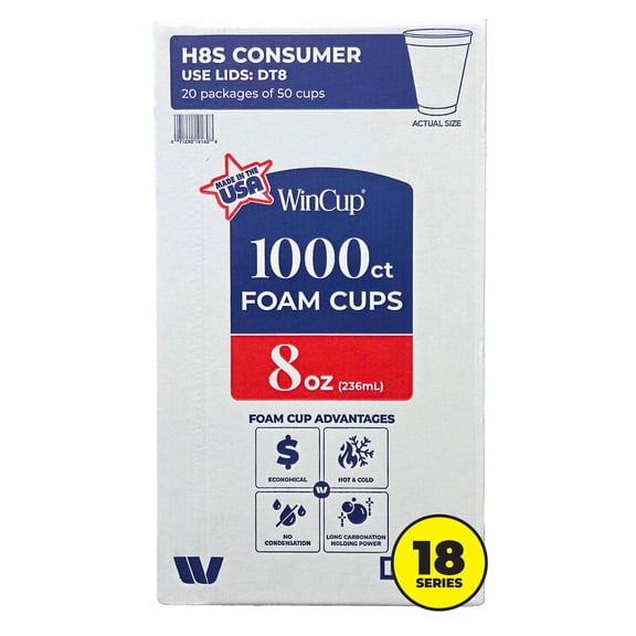 WinCup 8-Oz. Foam Cups Styrofoam Cups Disposable 1000 ct. White