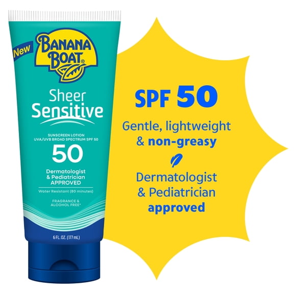 Banana Boat Sheer Sensitive, Sunscreen Lotion SPF 50, Sunblock for Kids & Adults, 6 Fl Oz