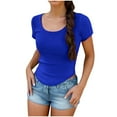 thumbnail image 2 of Women Fashion Tops Sawvnm Women's Casual Solid Color Short-Sleeved U-Neck Top Christmas Gifts Blue M, 2 of 6