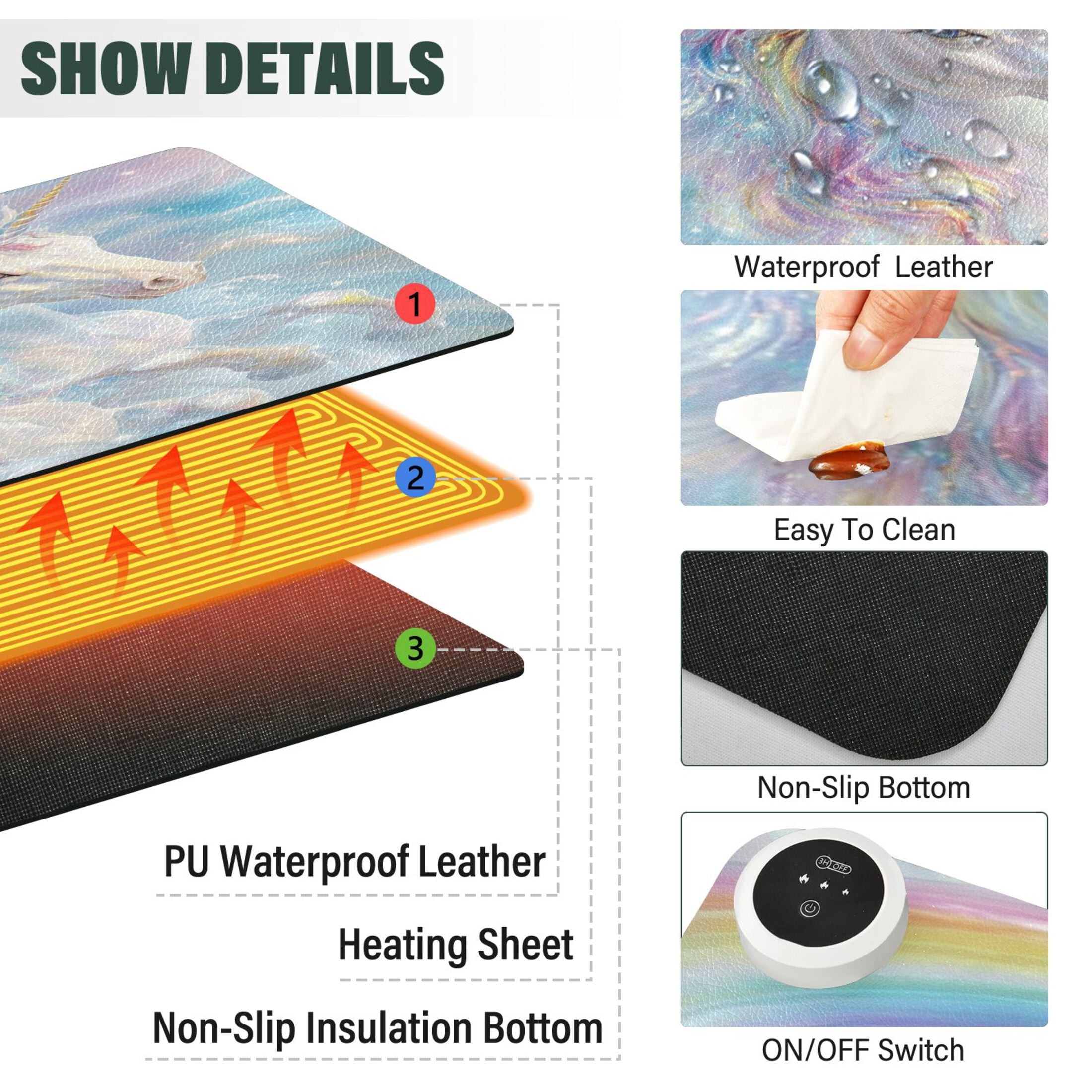 Wobogo Rainbow Unicorns Heated Mouse Pad Extra-Large Desk Mat With 3 Heating Levels and 3-hour Auto Shut-Off Protection Ideal for Computer Keyboards Home Office Hand-warming Essential 31.5in × 13in