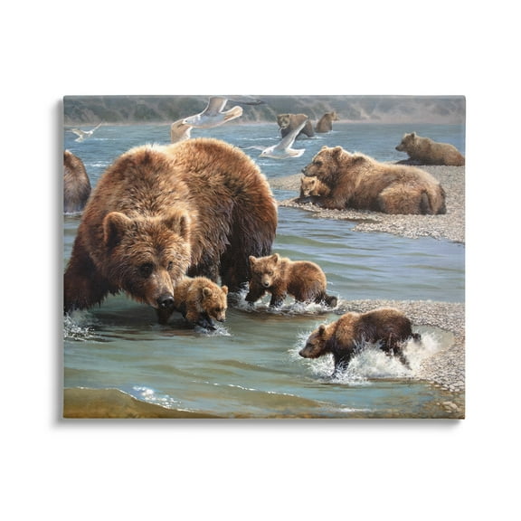 Stupell Industries Grizzly Bear Family Fishing Animals & Insects Painting Gallery Wrapped Canvas Print Wall Art