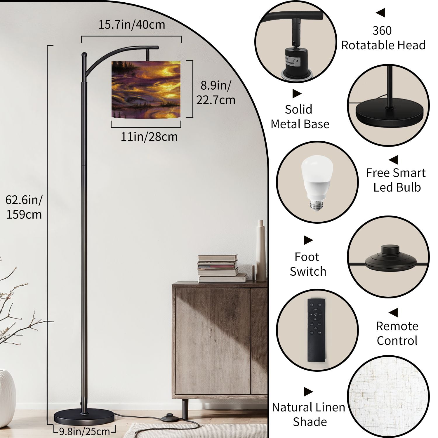 Arc Floor Lamp with Remote, Dimmable Bulb, Art Deco Arched Floor lamp Mystical Sunset Landscape Painting Rippling Lake Modern Standing Lamps with for Living Room, Bedroom, Office