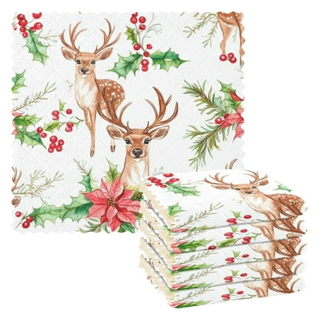 

6 Pack Kitchen Dish Towels 11 Inch x 11 Inch Reusable Cleaning Cloths for Washing Dishes Dish Cloths for Drying Dishes Christmas Deer Pattern