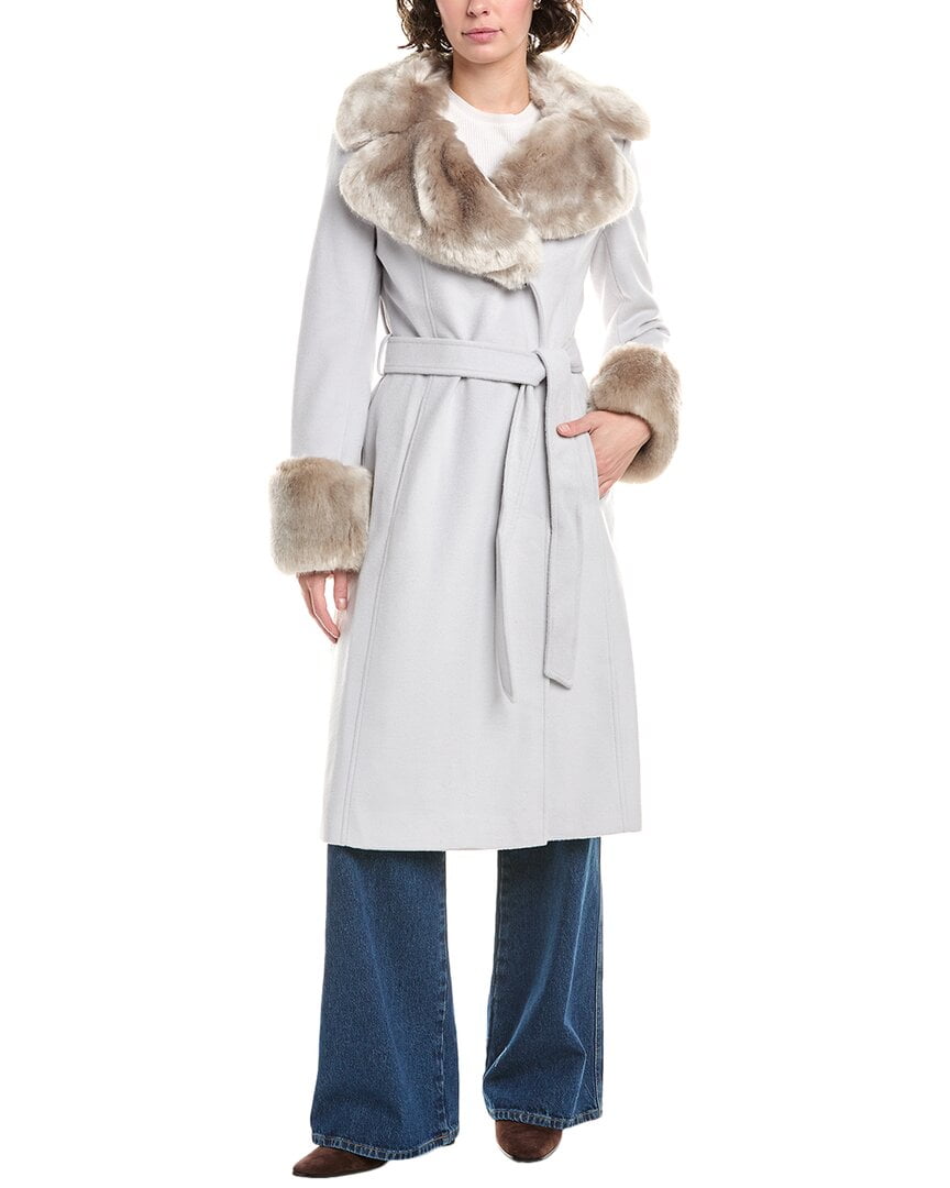Via Spiga Women's Long Wool Wrap Coat with Faux Fur Trim