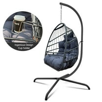 Foldable Swing Egg Chair with Stand Indoor Outdoor Wicker Rattan Patio Basket Hanging Foldable with Cushion Pillow and C Type Bracket for Kids Adult,350lbs Capaticy Black