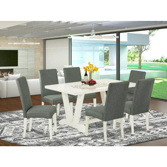 Rustic Modern Dining Set - 7 Piece Table6 Chairs - Hardwood Frame - Linen WhiteGrey Smoke