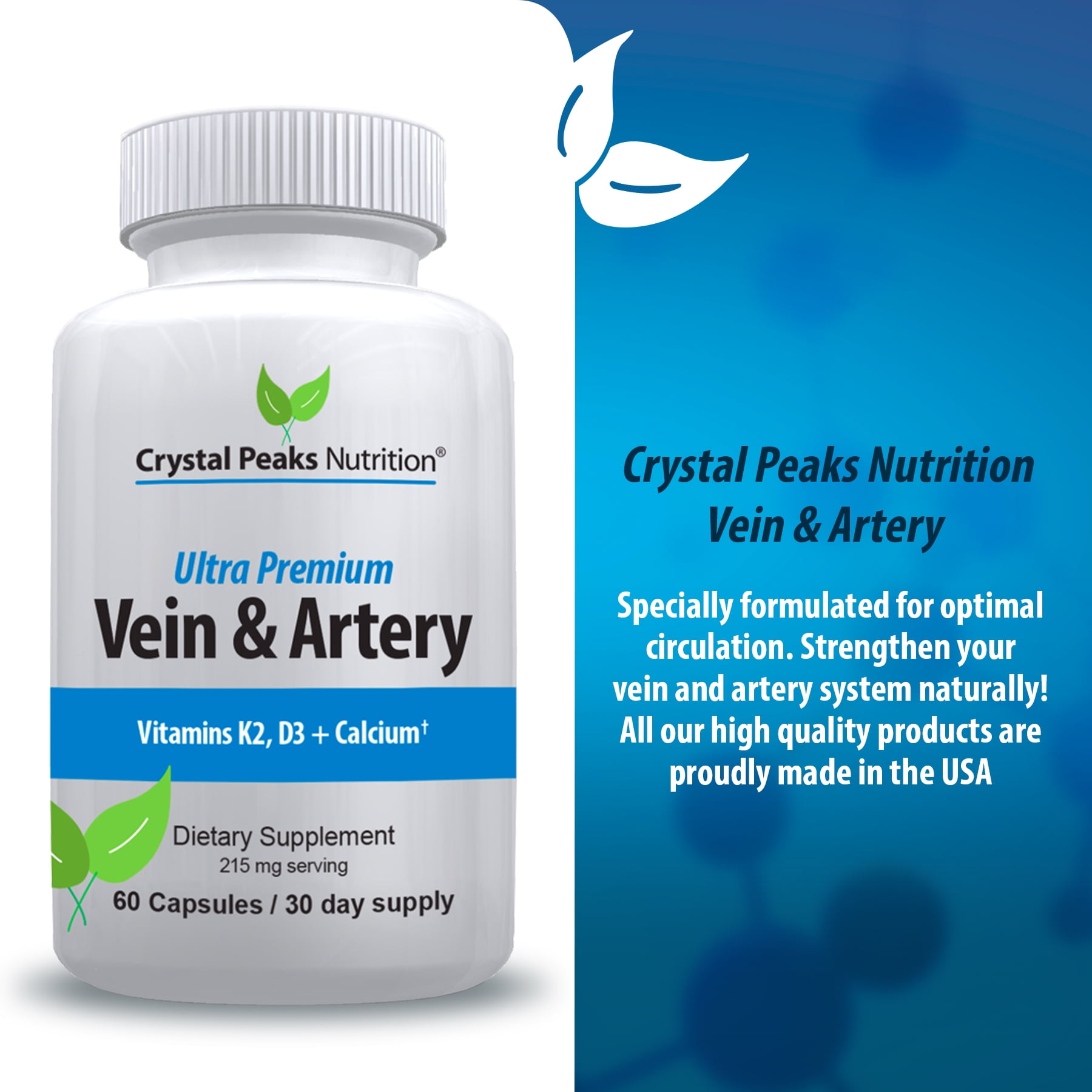 CRYSTAL PEAKS NUTRITION Vein & Artery Supplement - Blood Flow Supplement with Calcium - Blood Circulation Support for Men, Women - Circulation and Vein Support - 60 ct