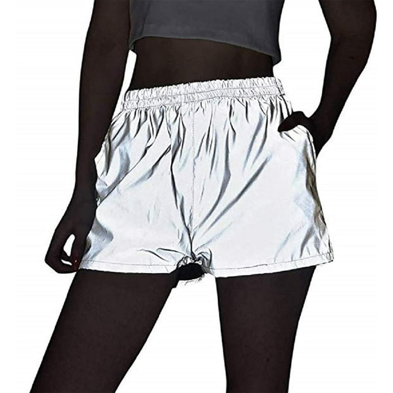 Aayomet Running Shorts for Women Women's Reflective Shorts Pants Shiny  Sport Bottoms Night Club Party Festival Rave Outfit,Silver S