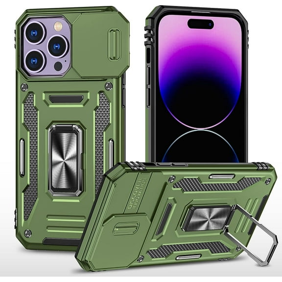 Case for iPhone 14 Pro Max, Slide Lens Protective Case Shockproof Impact Resistant with Kickstand Cover Case for iPhone 14 Pro Max (6.7") Olive Green