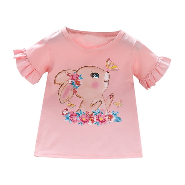 aDJFDGT Girl Shirts Crop Tops Toddler Girls T Shirts Ruffle Short Sleeve Shirt Cute Bunny Rabbit Graphic Tops 2 To 7 Years