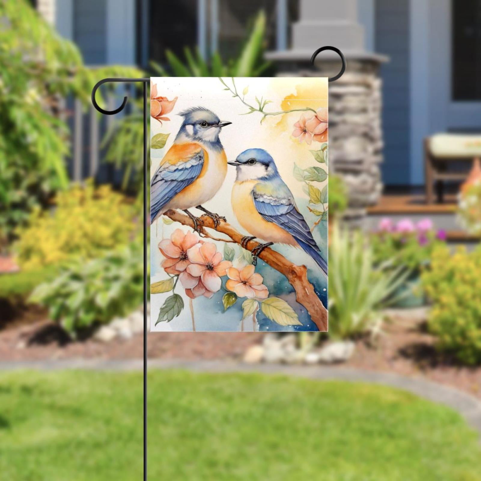 Watercolor Birds with Flowers Floral Double Sided Garden Flag Decorative Weather Resistant Yard Flag, Large DIY Vertical Flag for Farmhouse Patio Lawn, 28x40 Inch
