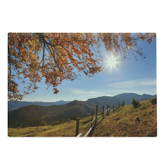 Fall Cutting Board, Fallen Leaves over the Mountains Idyllic Fall Day Morning Sunrise Oak Tree Branches, Decorative Tempered Glass Cutting and Serving Board, Large Size, Multicolor, by Ambesonne