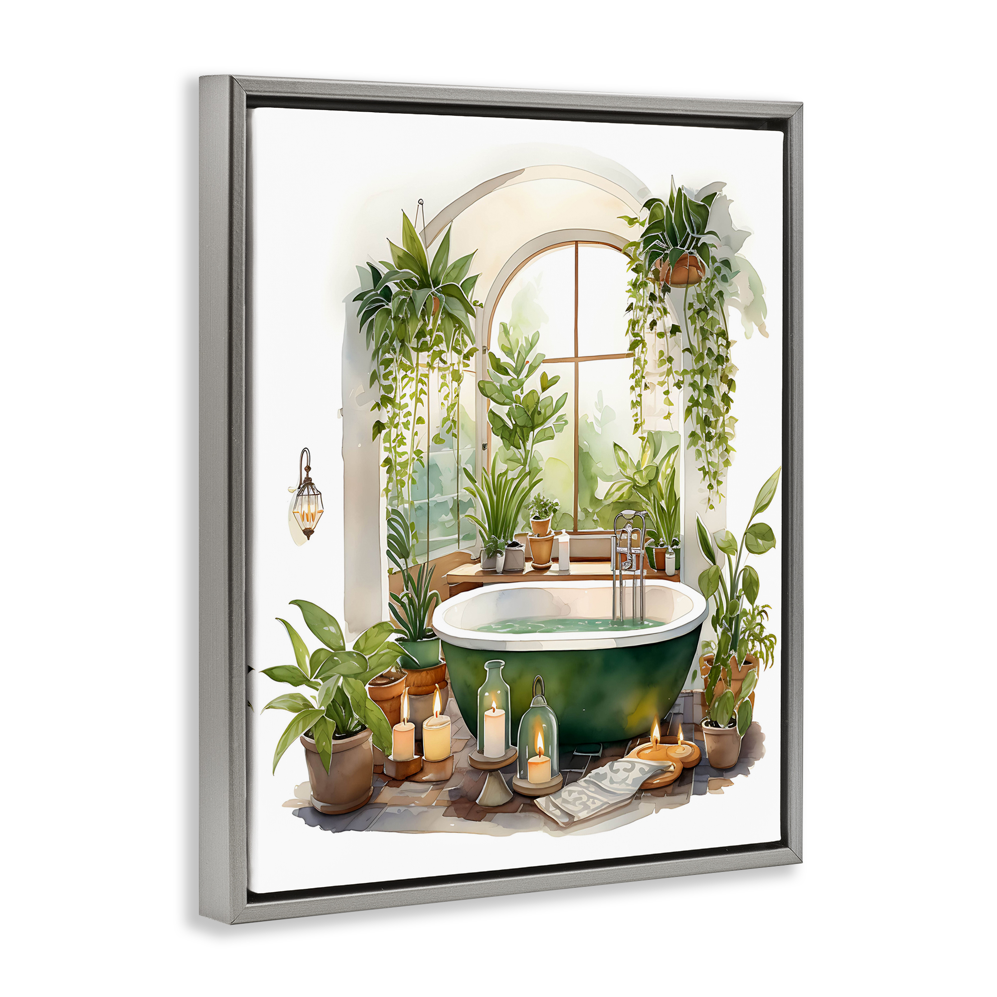 Tranquil Tub with Candles & Greenery Gray Framed Floater Canvas Wall Art, design by Lettered and Lined