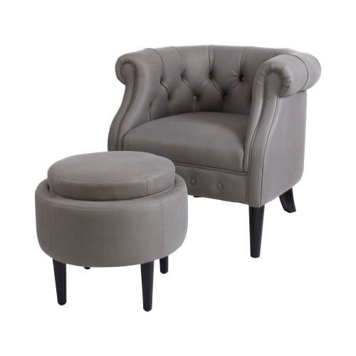 Accent Chair With Ottoman Set Barrel Sofa And Footrest Living Room Lounge Footstool Velvet Grey Com Ottoman Set Barrel Sofa Chair, Sofa Chair Ottoman Set