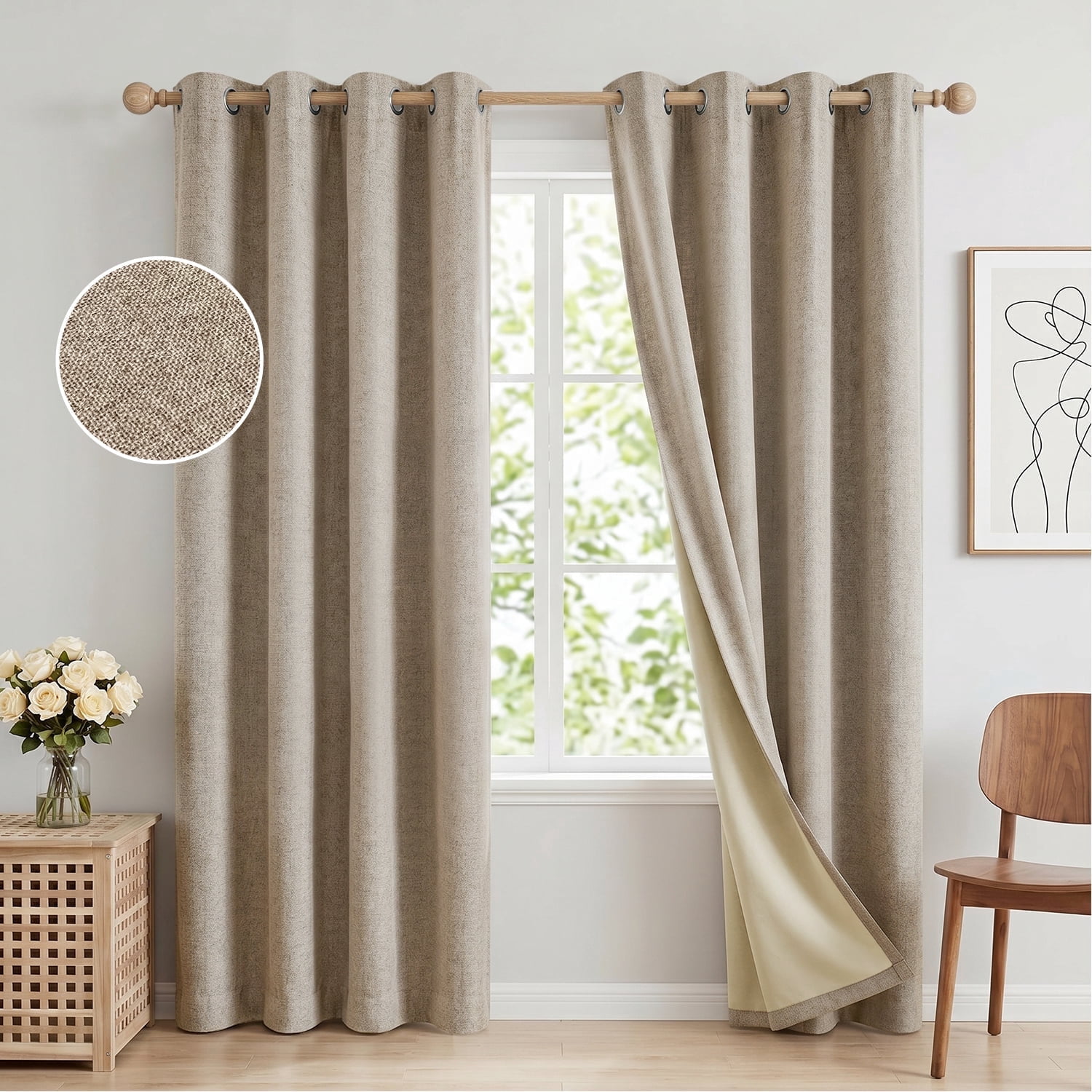 100% Blackout Curtains 52x84 in Set of 2, Faux Linen Textured Curtains for Bedroom Living Room, Thermal Insulated Window Drapes with Grommet, Room Darkening & Privacy Protection,Natural Beige