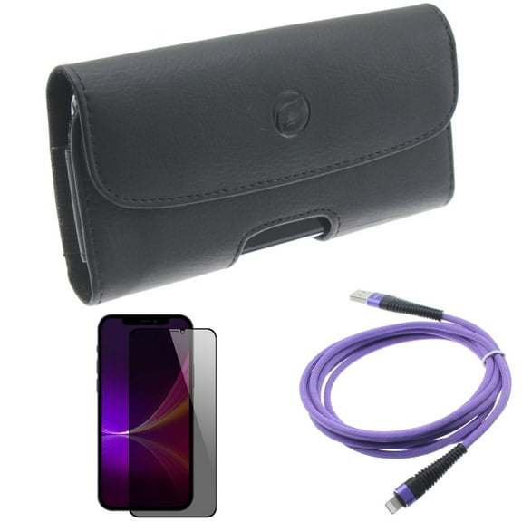 10ft USB Cable & Case Belt Clip & Privacy Screen Protector for iPhone 13 Pro Max ONLY - Purple Charger Cord Power   Leather Holster Cover   Tempered Glass Curved Anti-Spy Combo